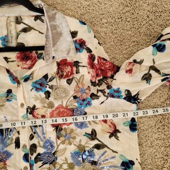 ARATTA Silent Journey Velvet Cream Floral Top Embroidered Sequines Boho Country - Picture 12 of 15